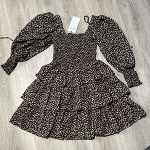Smocked Tiered Floral Mini Dress in Black with Puff Sleeves